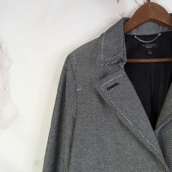 Talbots Blazer 12 Large Tweed Black White One Button Cuffed Cotton Crop Pleated - Picture 2 of 13